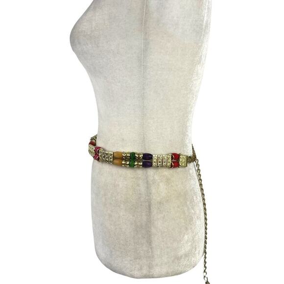 VTG Retro Belt 80s Gold Chain Tiered Wood Rainbow Multicolor Beads Gold Metal main image 4